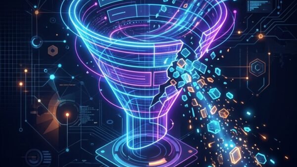 Lupa neon inspecionando códigos digitais em um ambiente dark, ilustrando o rastreamento preciso da origem das vendas via UTMs no Instagram.