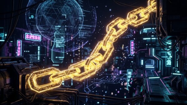 Corrente de link digital feita de ouro sólido brilhante em um ambiente high-tech, mostrando o valor psicológico de um domínio curto e personalizado.