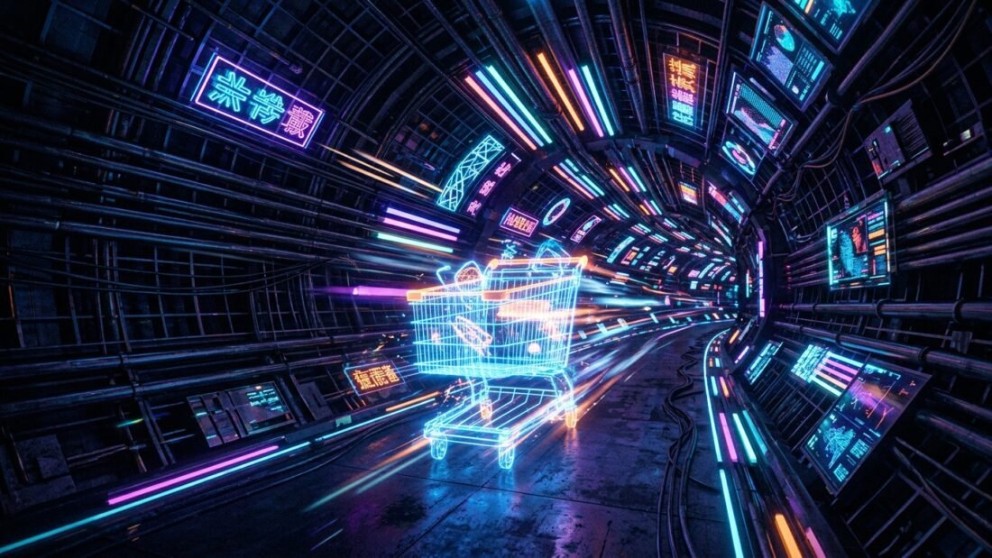 Carrinho de compras digital brilhante acelerando por um túnel neon cyberpunk, representando o checkout fantasma e o redirecionamento direto pro carrinho.