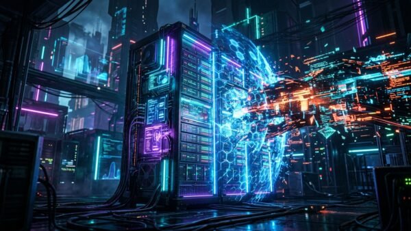 Rack de servidores futuristas resistindo a uma onda massiva de tráfego digital com luzes neon intensas, assegurando a infraestrutura para a Black Friday.