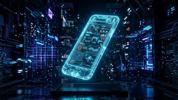 Wireframe holográfico de um smartphone flutuando no vazio tecnológico escuro, simbolizando a importância do design mobile-only para páginas de vendas.