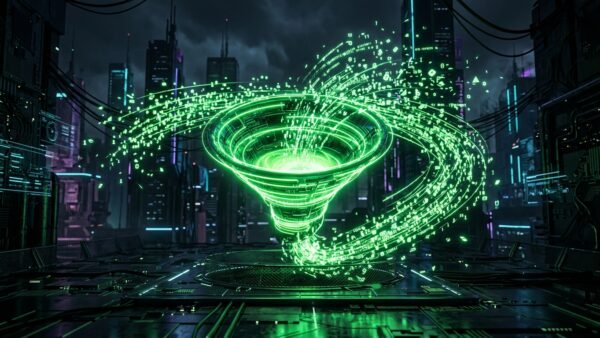 Funil neon verde absorvendo partículas de dados digitais em um ambiente high-tech, representando a captação otimizada de leads para o WhatsApp.