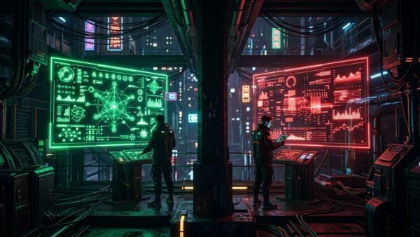 Painéis holográficos de testes A/B com luzes neon verdes e vermelhas contrastantes, focando na psicologia das cores para botões CTA.