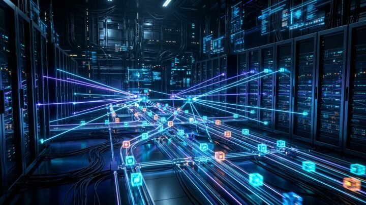 Raios laser neon organizando blocos de dados em um servidor dark mode futurista, representando a taxonomia perfeita e estruturada de parâmetros UTM.