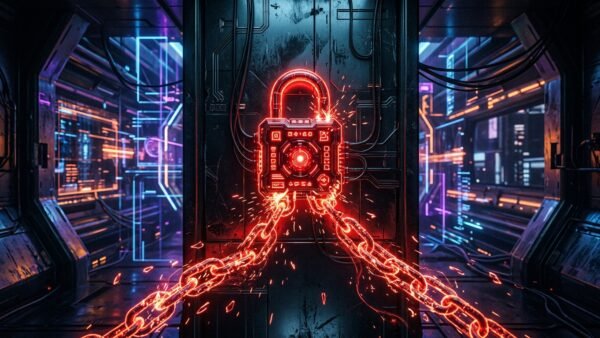 Cadeado digital vermelho neon quebrando correntes brilhantes no ciberespaço, ilustrando a libertação e prevenção do shadowban de domínio no Instagram.