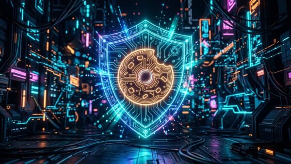 Escudo de privacidade digital e biscoito (cookie) formado por circuitos de luz neon, ilustrando o fim dos cookies de terceiros para afiliados em 2026.
