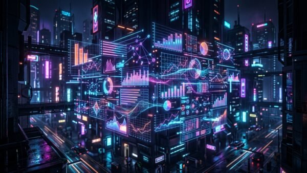 Gráficos holográficos de análise de dados e estatísticas em neon interceptando-se num ambiente dark mode, simbolizando a comparação entre Hotmart, Kiwify e Facebook Ads.