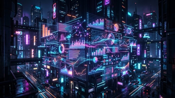 Gráficos holográficos de análise de dados e estatísticas em neon interceptando-se num ambiente dark mode, simbolizando a comparação entre Hotmart, Kiwify e Facebook Ads.