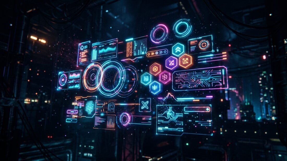 Botões neon brilhantes e elementos de interface abstratos flutuando em um espaço escuro cyberpunk, representando o limite ideal de cliques no link da bio.